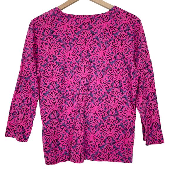 Fresh Produce Top Size Medium Pink Purple V Neck 3/4 Sleeve Cotton Damask Print - Picture 2 of 12